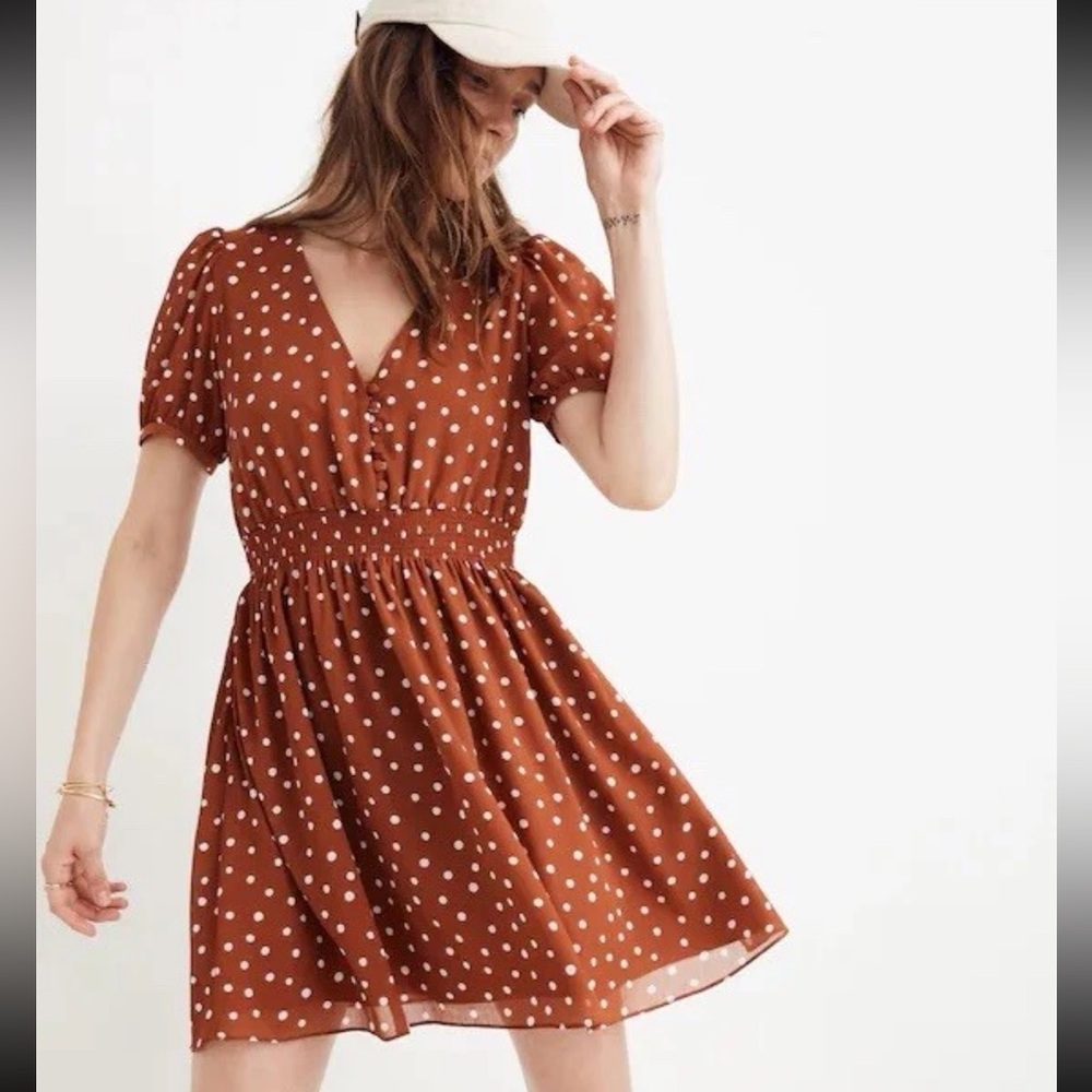 Madewell smocked waist mini dress ink spot dots polka dots v neck puff sleeve xs